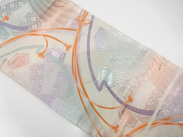 未使用品　片輪車に組紐・古典柄模様織り出し袋帯